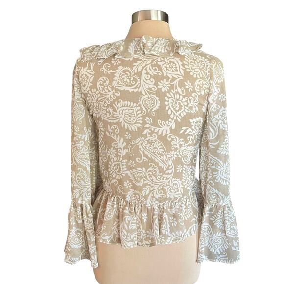 Love Is For Eternity Tan White Paisley Ruffled Tie Front Top MEDIUM Fairy Boho - Picture 2 of 8